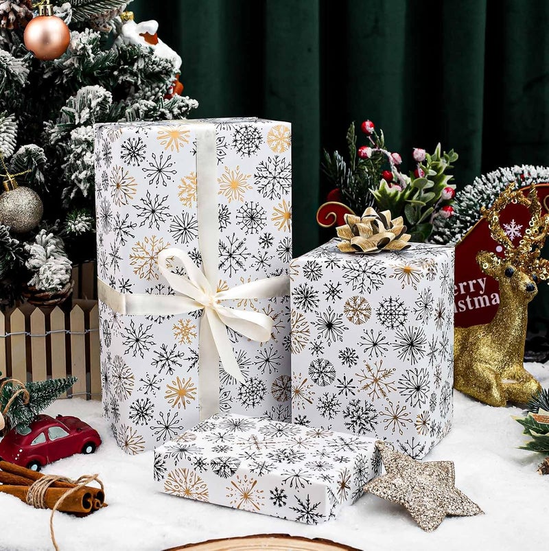 MAYPLUSS Christmas Gift Wrapping Paper Roll - 17 Inch X 33 Feet - Minimalistic Elegant Snowflake Flurry with Gold Design Winter Holiday Gift Wrap Sheet for Party, DIY Crafts & Festive Decoration - Image 2